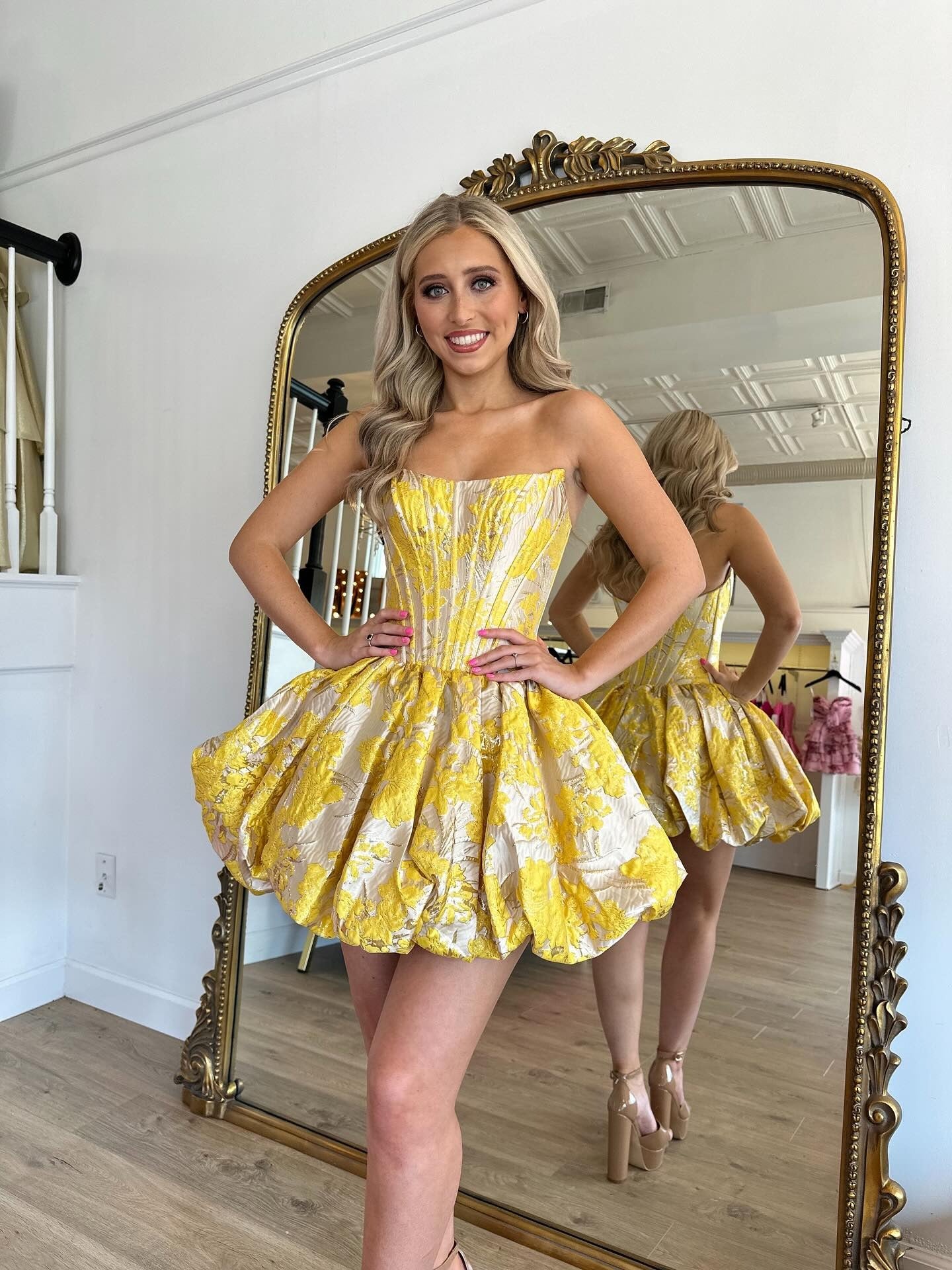 A Line Satin Corset Floral Print Knee Length Homecoming Dresses for Juniors HE787