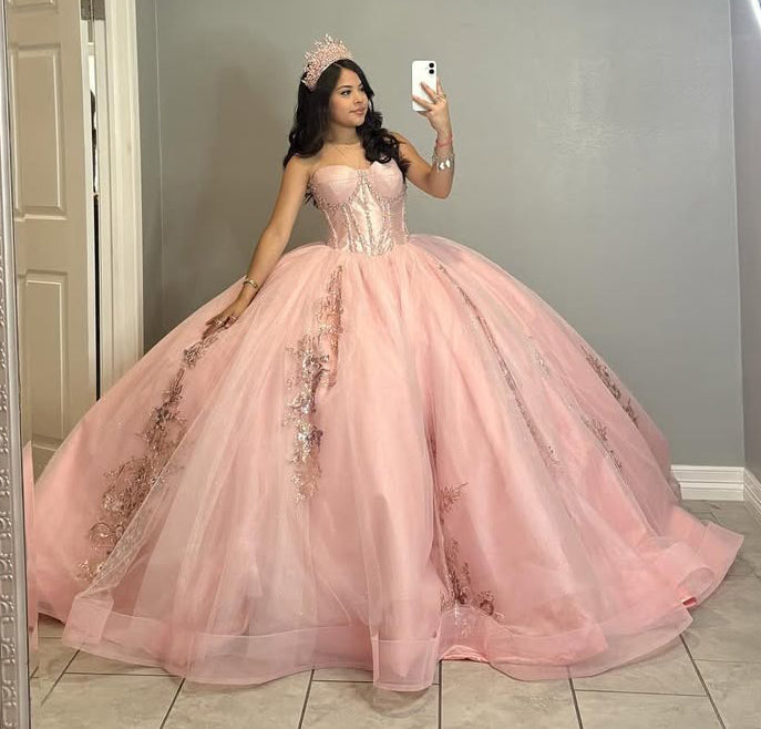 Vestidos de quinceañera con hombros descubiertos, tul princesa, apliques, vestidos de quinceañera HE530