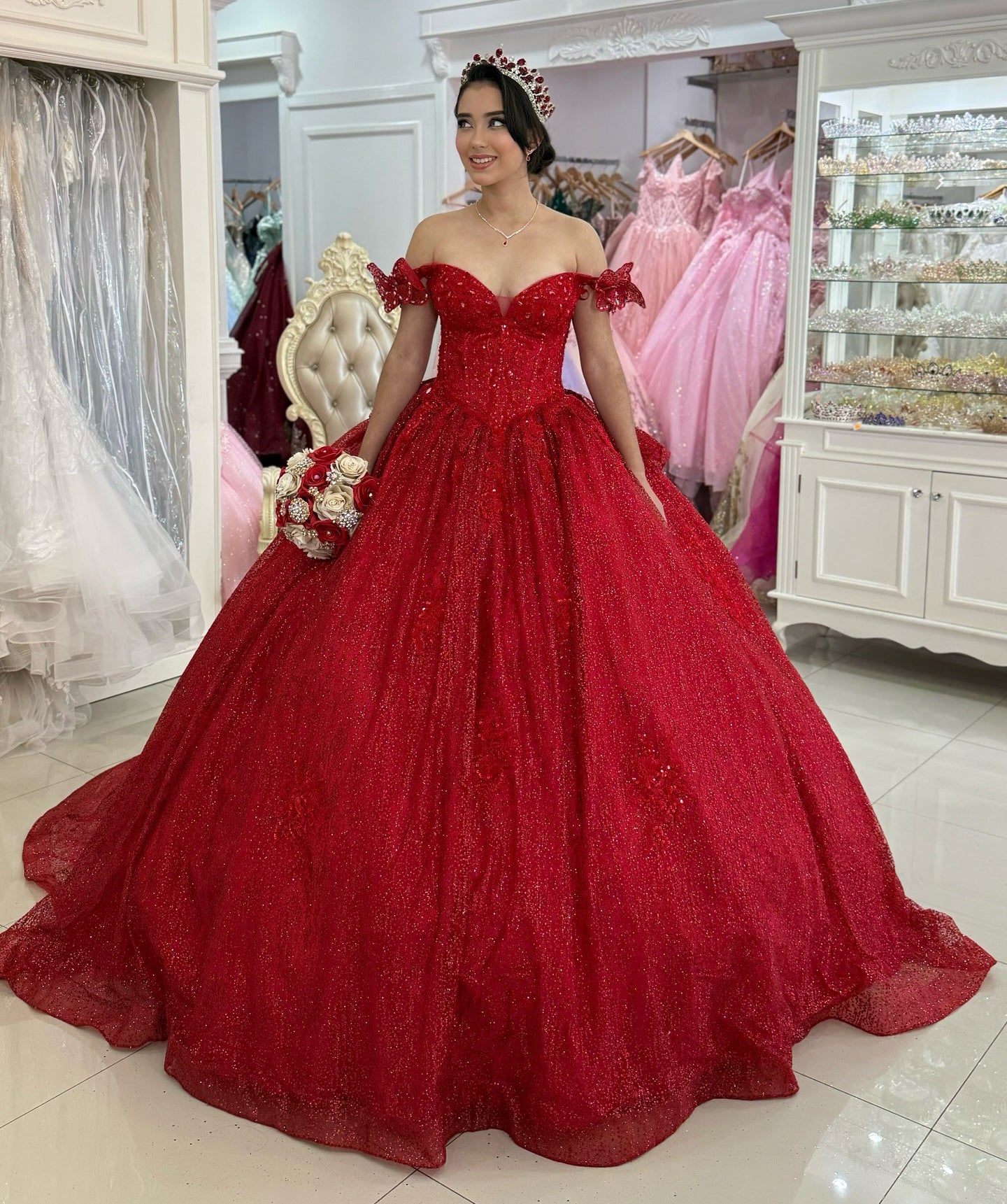 Off Shoulder Glittery Sequin Beaded Red Quinceanera Dresses for Sweet 16 HE1006