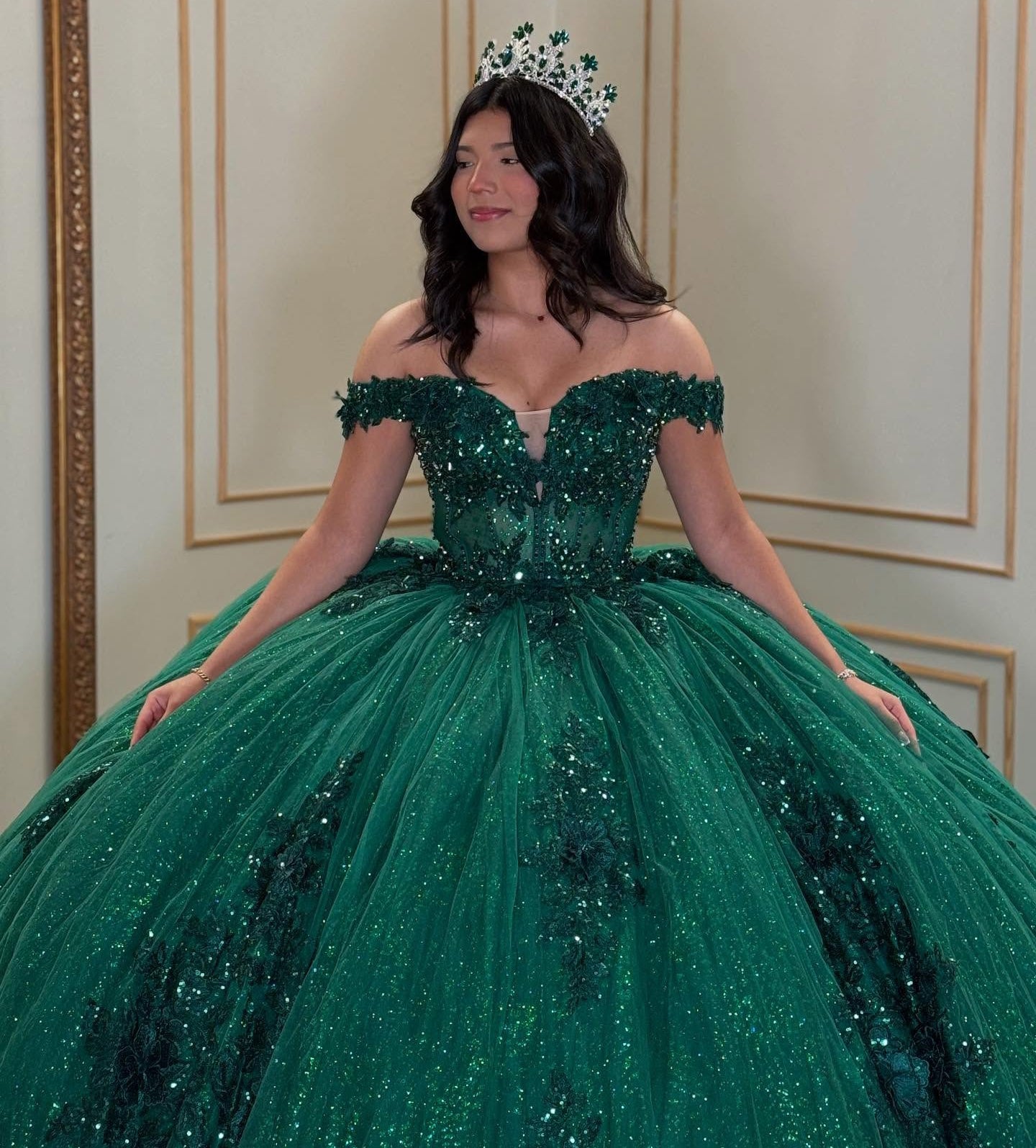 Ball Gown Glittery Tulle Lace Appliqued Green Sweet 16 Quinceanera Dresses HE851