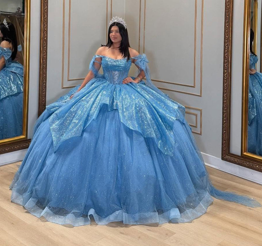 Off Shoulder Princess Glittery Tulle Ruffles Blue Quinceanera Dresses for Sweet 16 HE822
