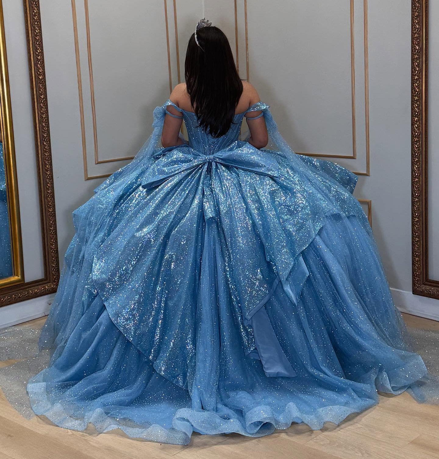 Off Shoulder Princess Glittery Tulle Ruffles Blue Quinceanera Dresses for Sweet 16 HE822