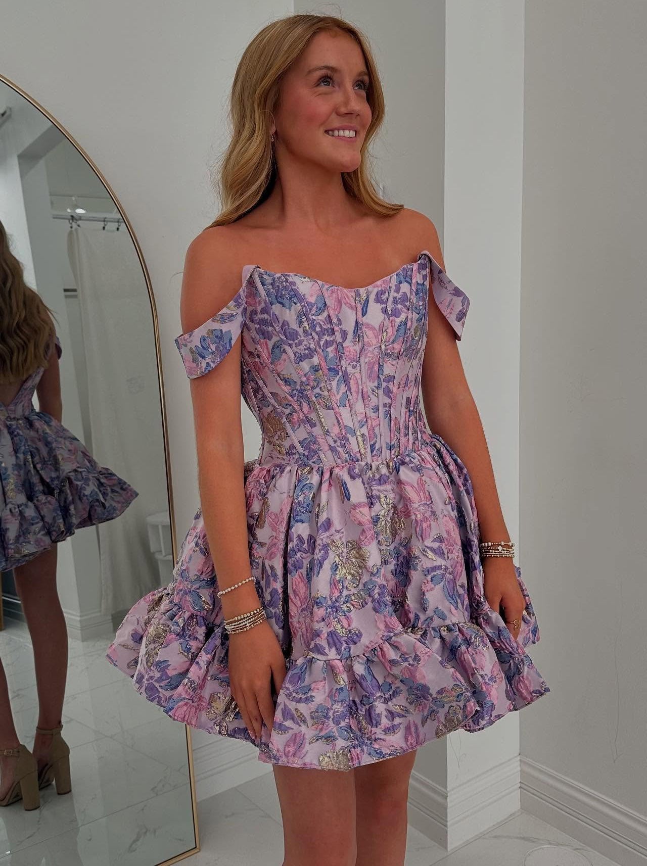 Off Shoulder Satin Floral Print A Line Short Homecoming Dresses for Juniors HE836