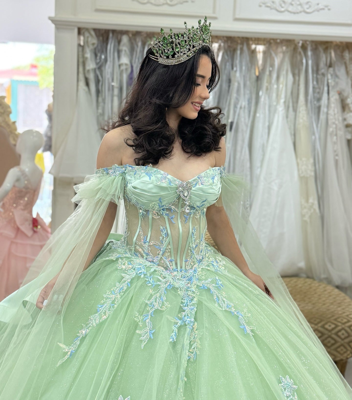 Glittery Tulle Appliqued Corset Off Shoulder Green Quinceanera Dresses for Sweet 15 HE1014