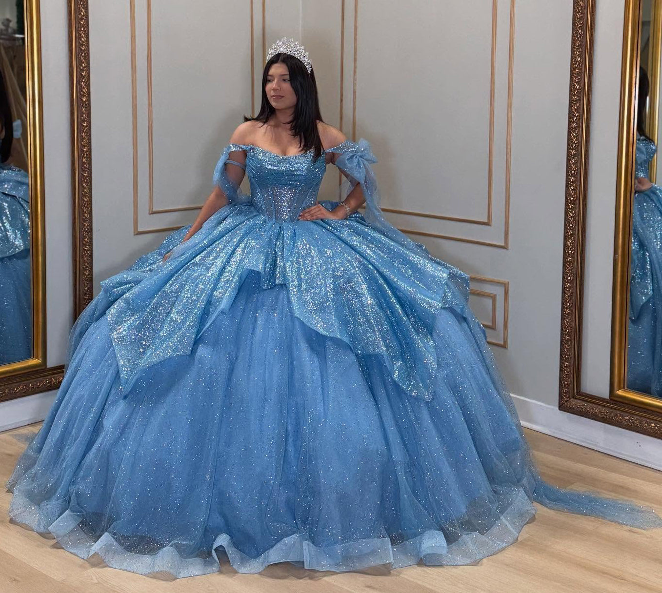 Off Shoulder Princess Glittery Tulle Ruffles Blue Quinceanera Dresses for Sweet 16 HE822