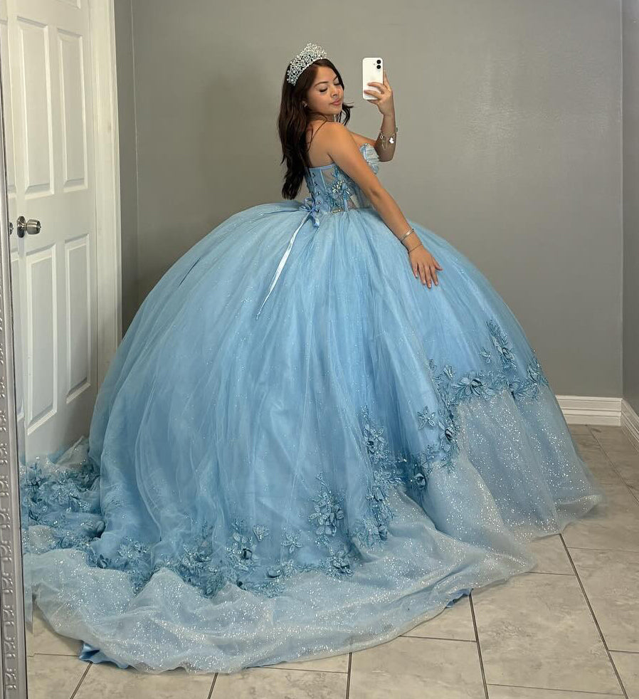 Blue Sweetheart Ball Gown Glittery Tulle Appliqued Sweet 16 Quinceanera Dresses HE820
