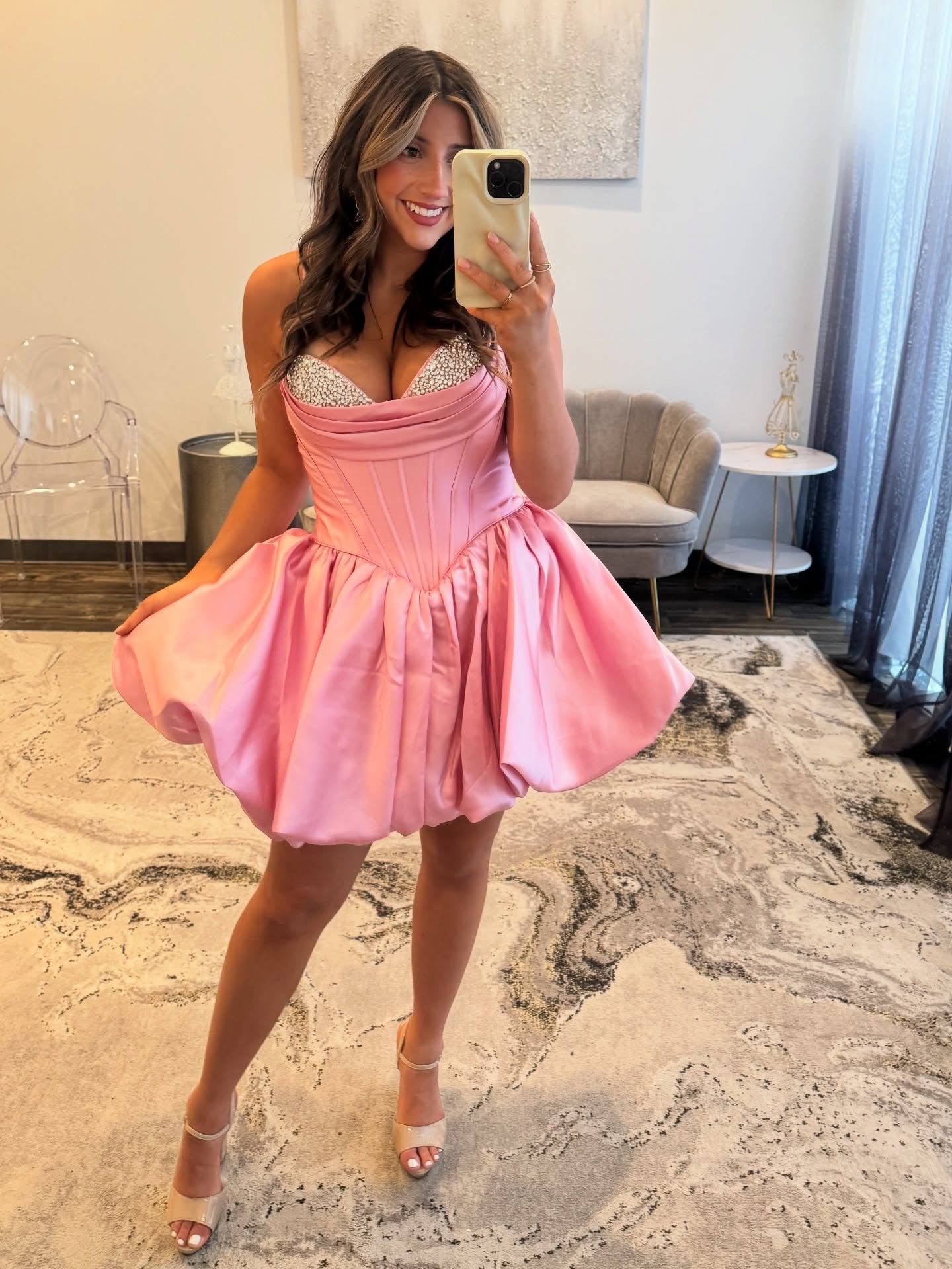 A Line Satin Beaded Corset Homecoming Dresses Knee Length Party Gowns HE829