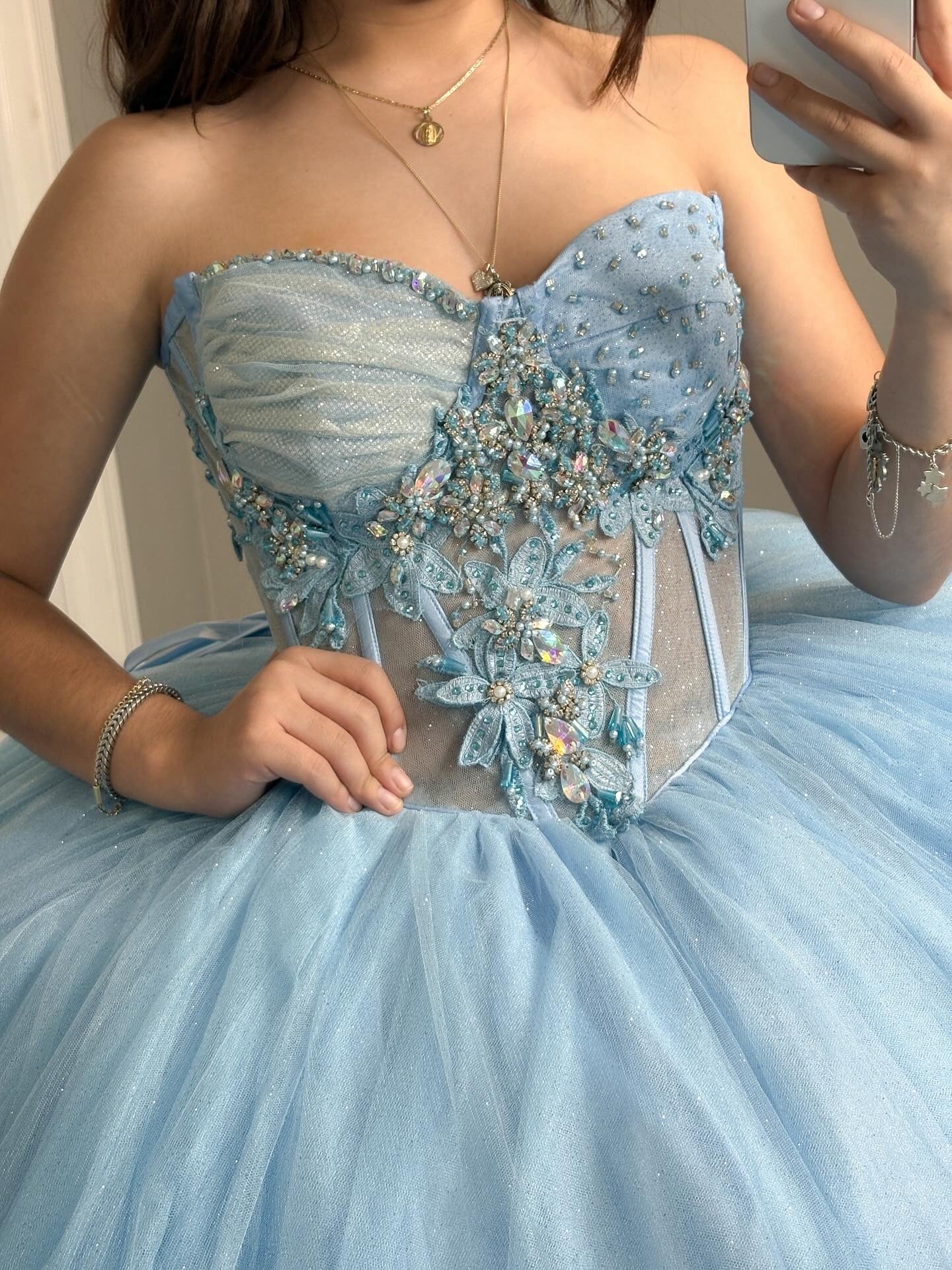 Blue Sweetheart Ball Gown Glittery Tulle Appliqued Sweet 16 Quinceanera Dresses HE820