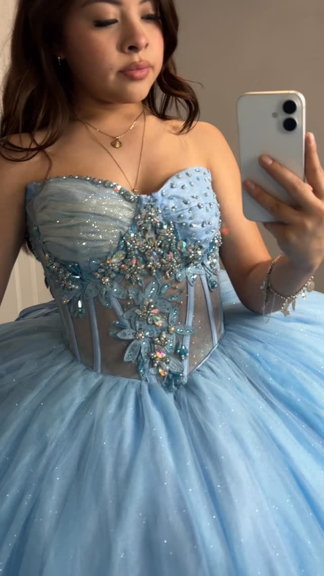Blue Sweetheart Ball Gown Glittery Tulle Appliqued Sweet 16 Quinceanera Dresses HE820