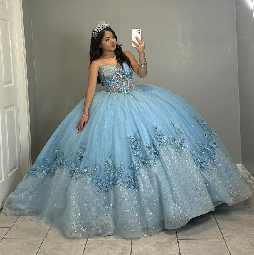 Blue Sweetheart Ball Gown Glittery Tulle Appliqued Sweet 16 Quinceanera Dresses HE820