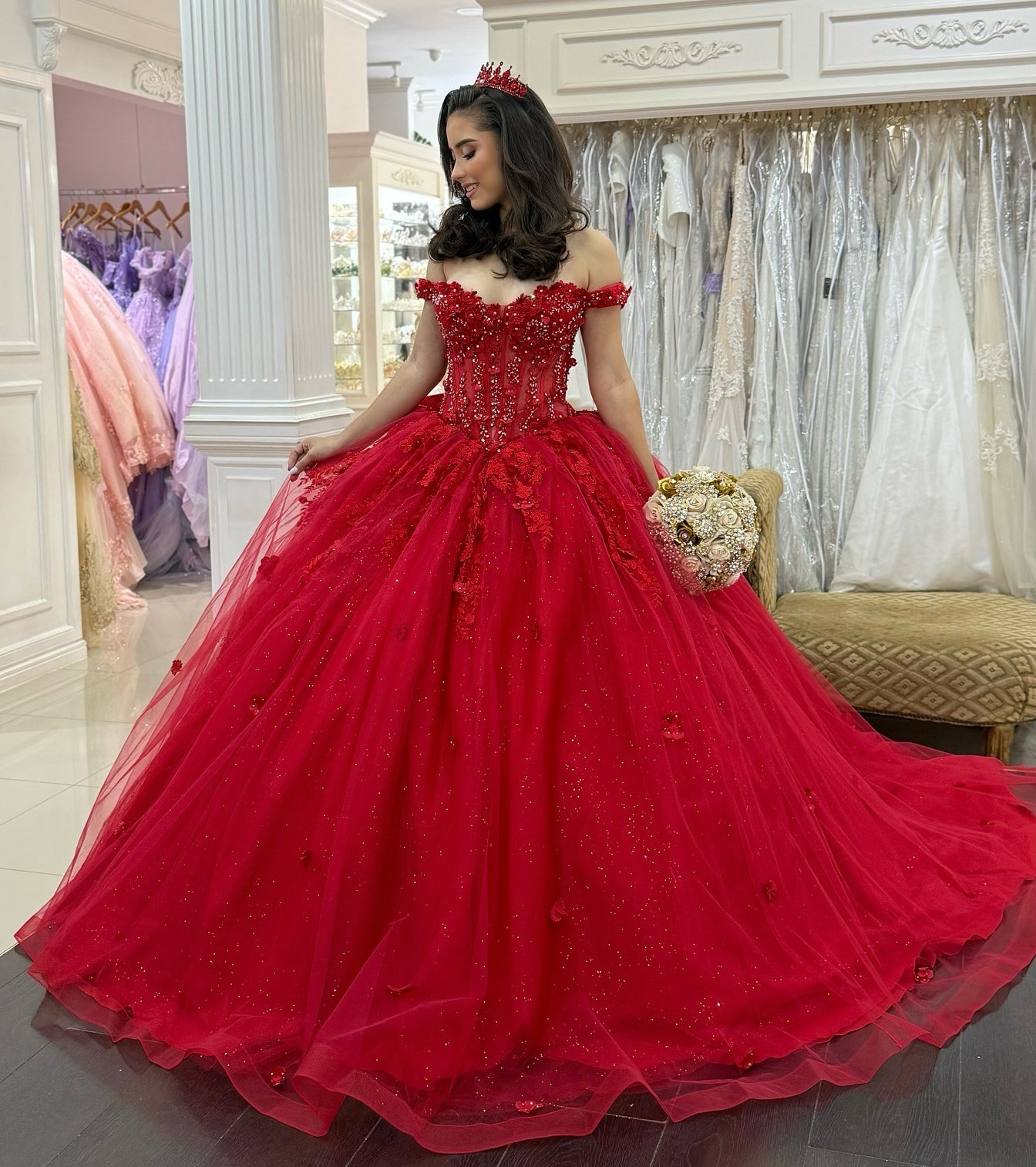 Off Shoulder Tulle 3D Flowers Corset Red Quinceanera Dresses for Sweet 16 Birthday HE1013