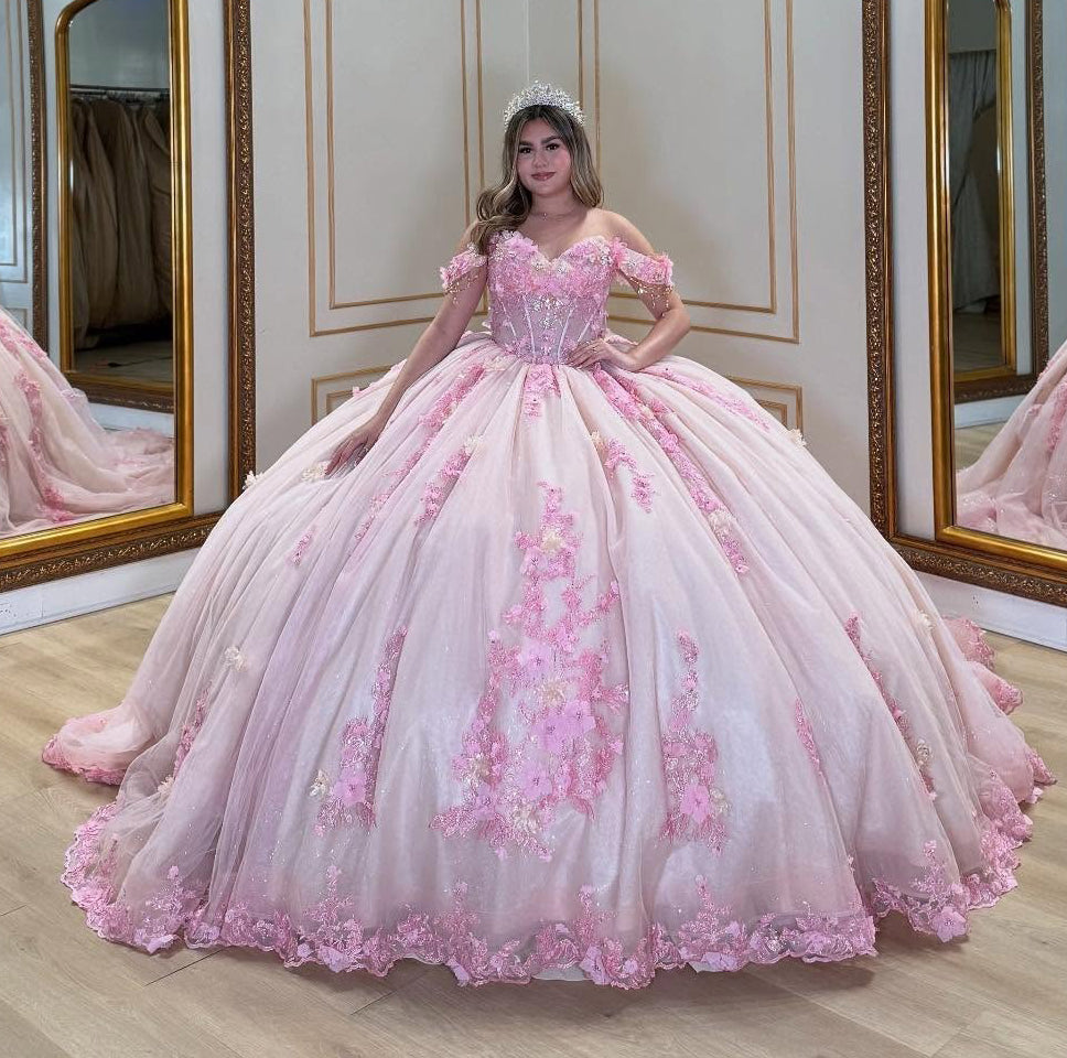 Glittery Tulle Appliqued Beaded Corset Pink Quinceanera Dresses for Birthday Party HE909