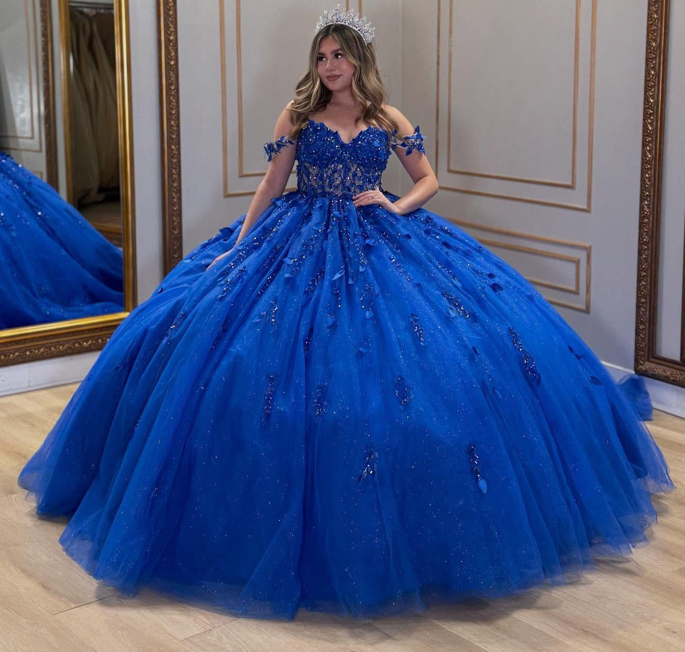 Off Shoulder Corset Tulle 3d Flowers Royal Quinceanera Dresses for Sweet 16 Birthday HE910