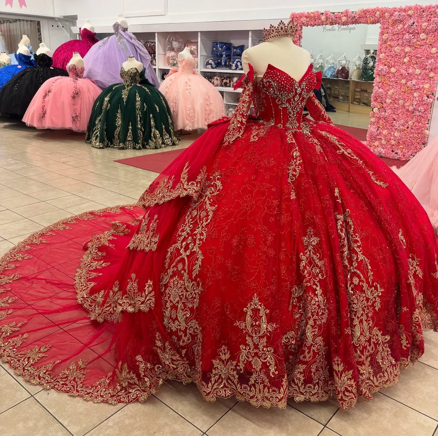 Glittery Tulle Lace Long Sleeves Sweetheart Red Quinceanera Dresses for Birthday Party HE946