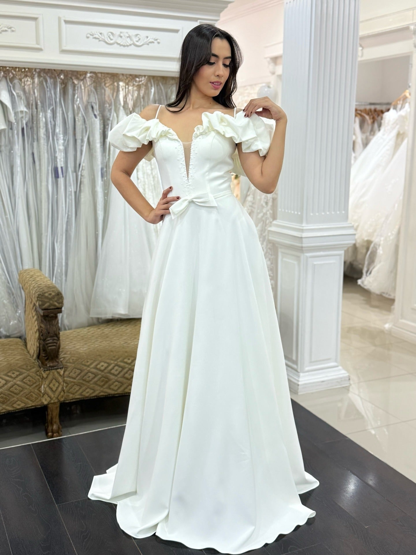 Plus Size Satin A Line Wedding Dresses Elegant Off Shoulder Wedding Gowns for Bride HE996