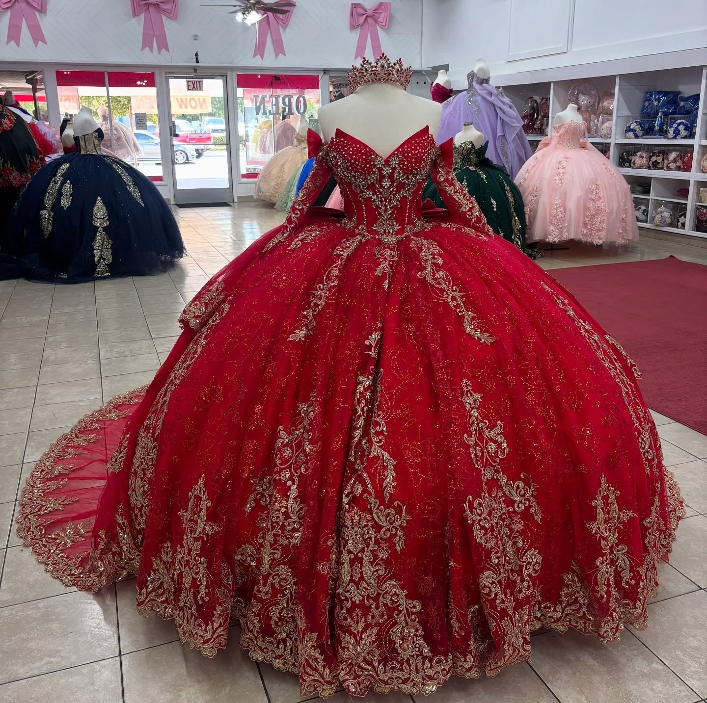 Glittery Tulle Lace Long Sleeves Sweetheart Red Quinceanera Dresses for Birthday Party HE946
