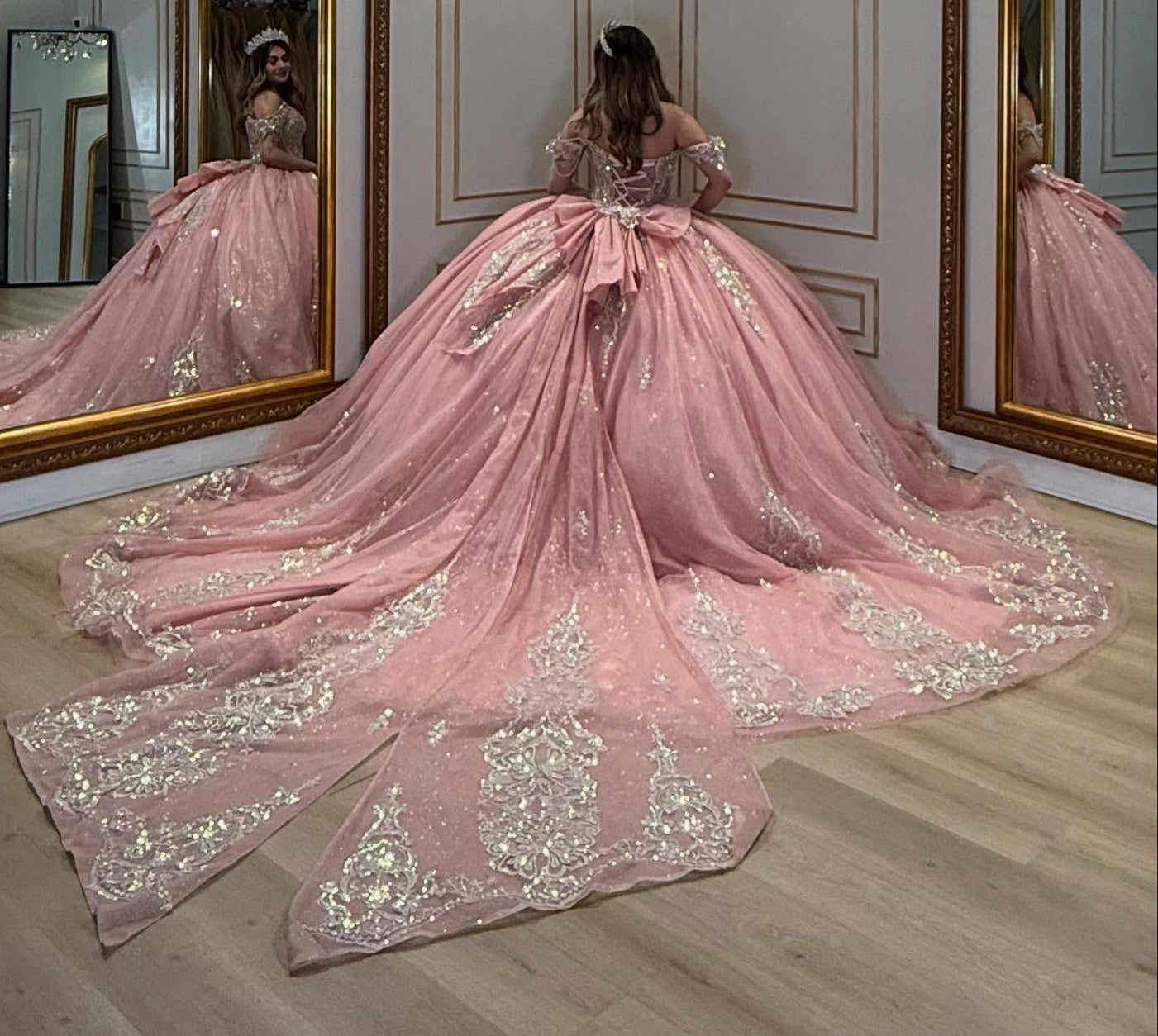 Off Shoulder Glittery Tulle Appliqued Beaded Pink Quinceanera Dresses for Sweet 16 HE905