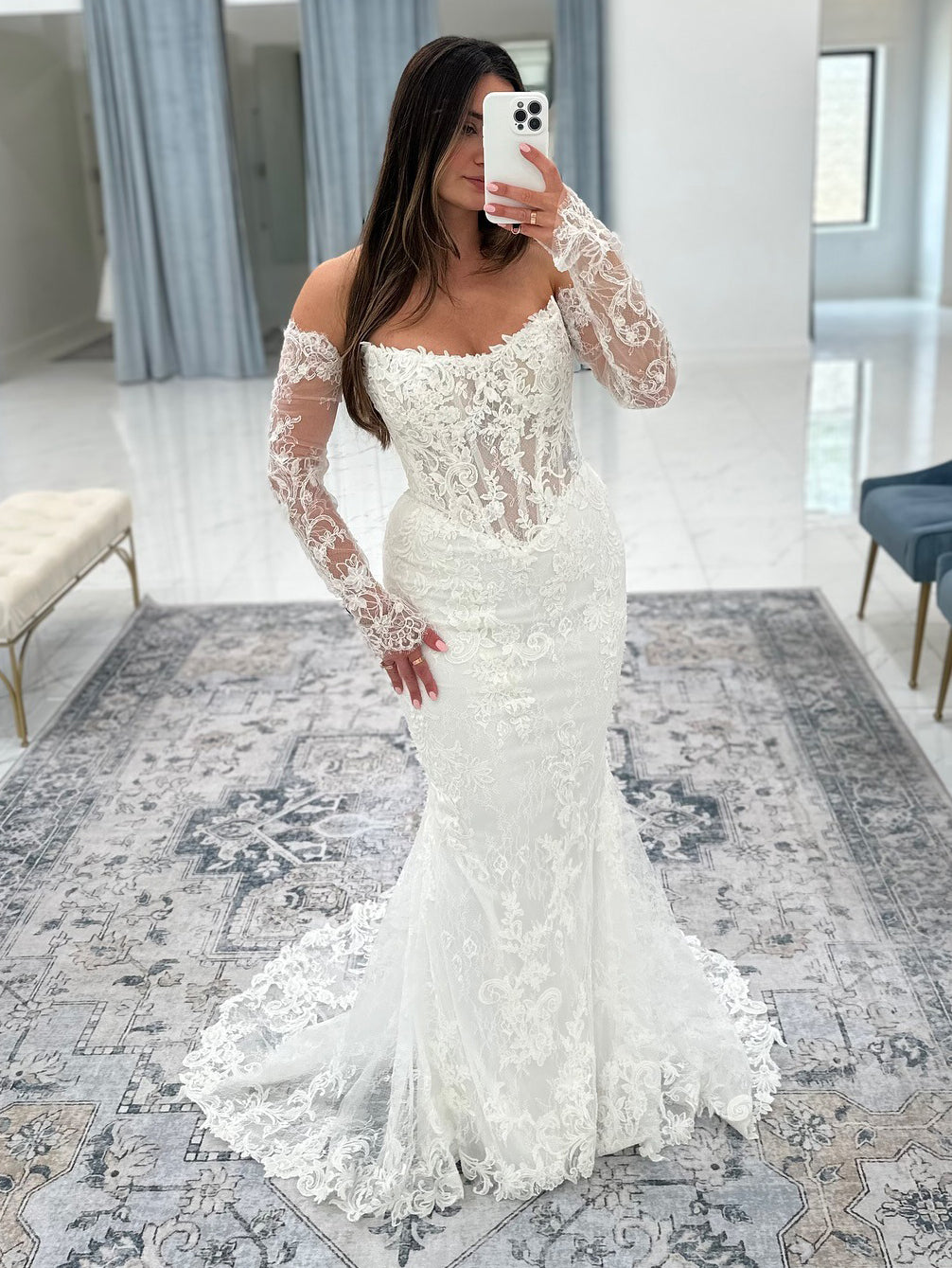 Mermaid Tulle Lace Appliqued Long Sleeves Bride Wedding Dresses Boho Wedding Gowns HE985