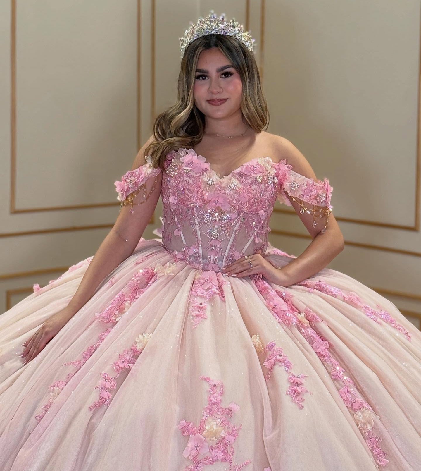 Glittery Tulle Appliqued Beaded Corset Pink Quinceanera Dresses for Birthday Party HE909