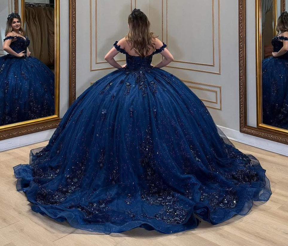 Luxury Glittery Tulle 3d Flowers Princess Navy Quinceanera Dresses for Sweet 15 HE906