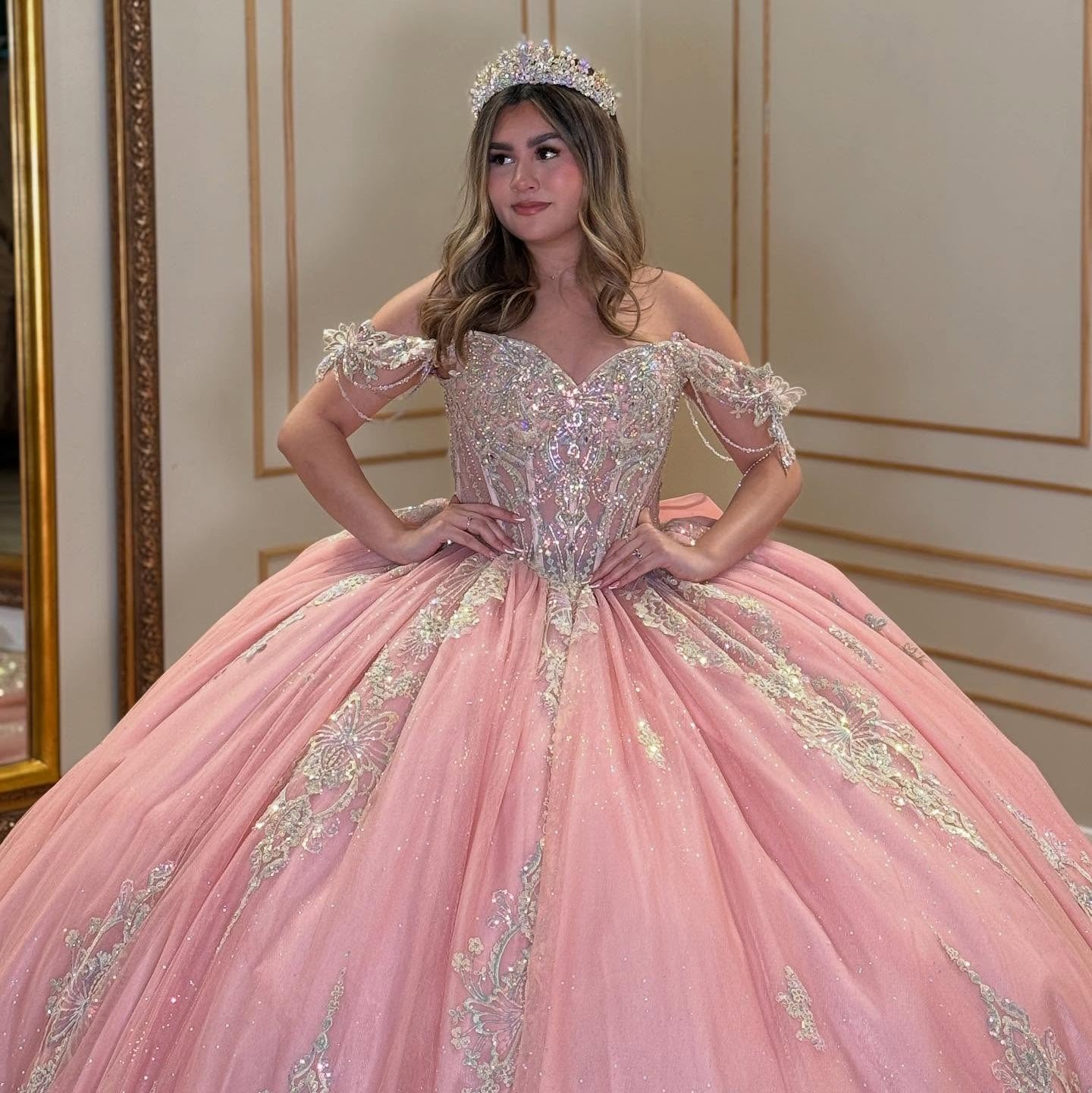 Off Shoulder Glittery Tulle Appliqued Beaded Pink Quinceanera Dresses for Sweet 16 HE905