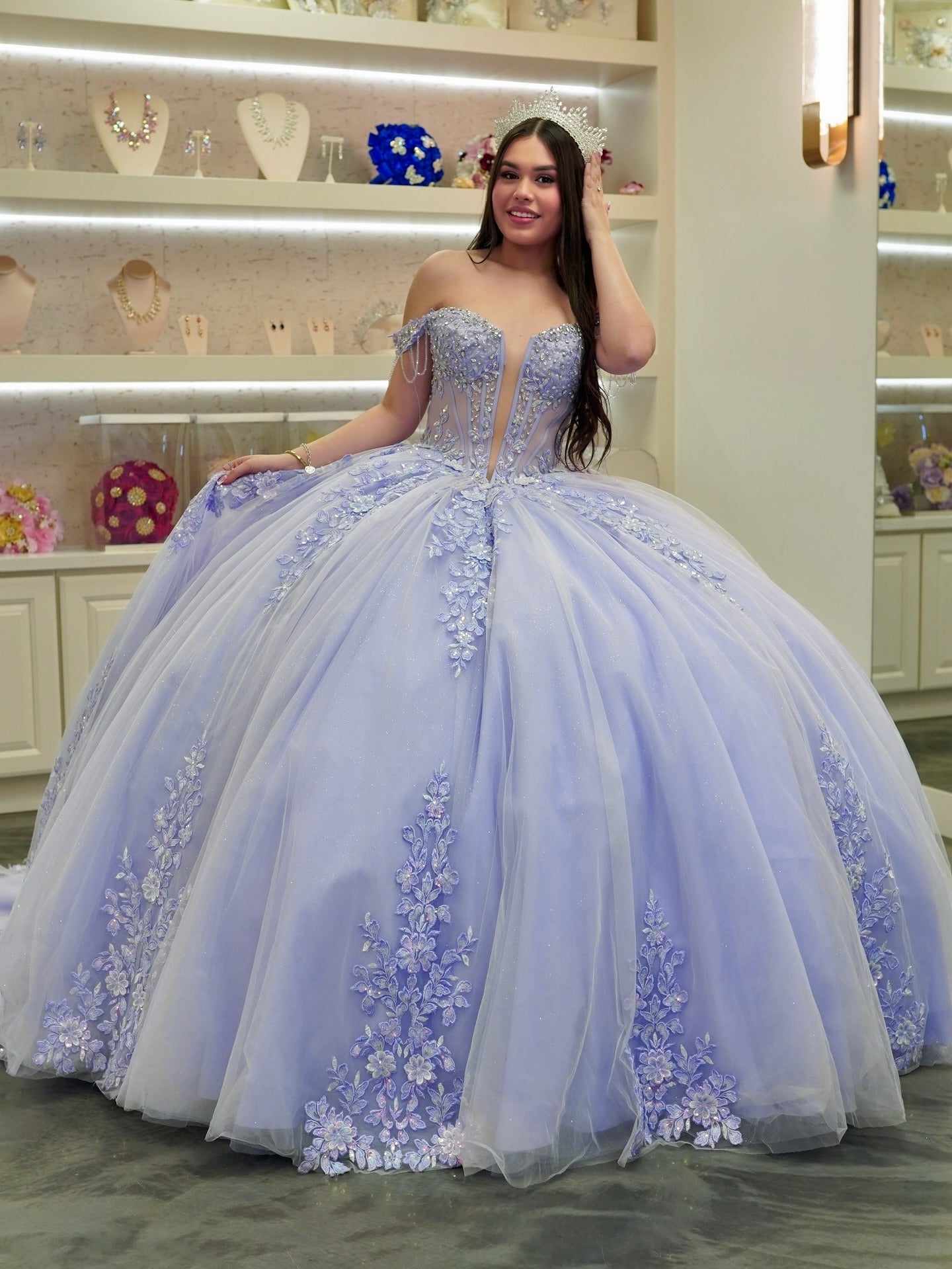 Princess Tulle Lace Appliqued Off Shoulder Lilac Quinceanera Dresses HE902