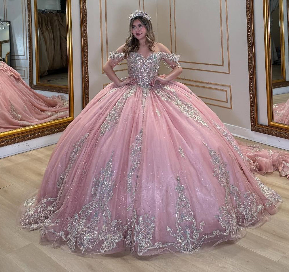 Off Shoulder Glittery Tulle Appliqued Beaded Pink Quinceanera Dresses for Sweet 16 HE905