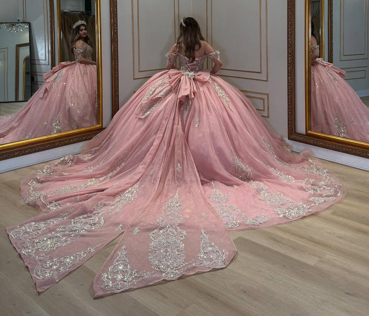 Off Shoulder Glittery Tulle Appliqued Beaded Pink Quinceanera Dresses for Sweet 16 HE905