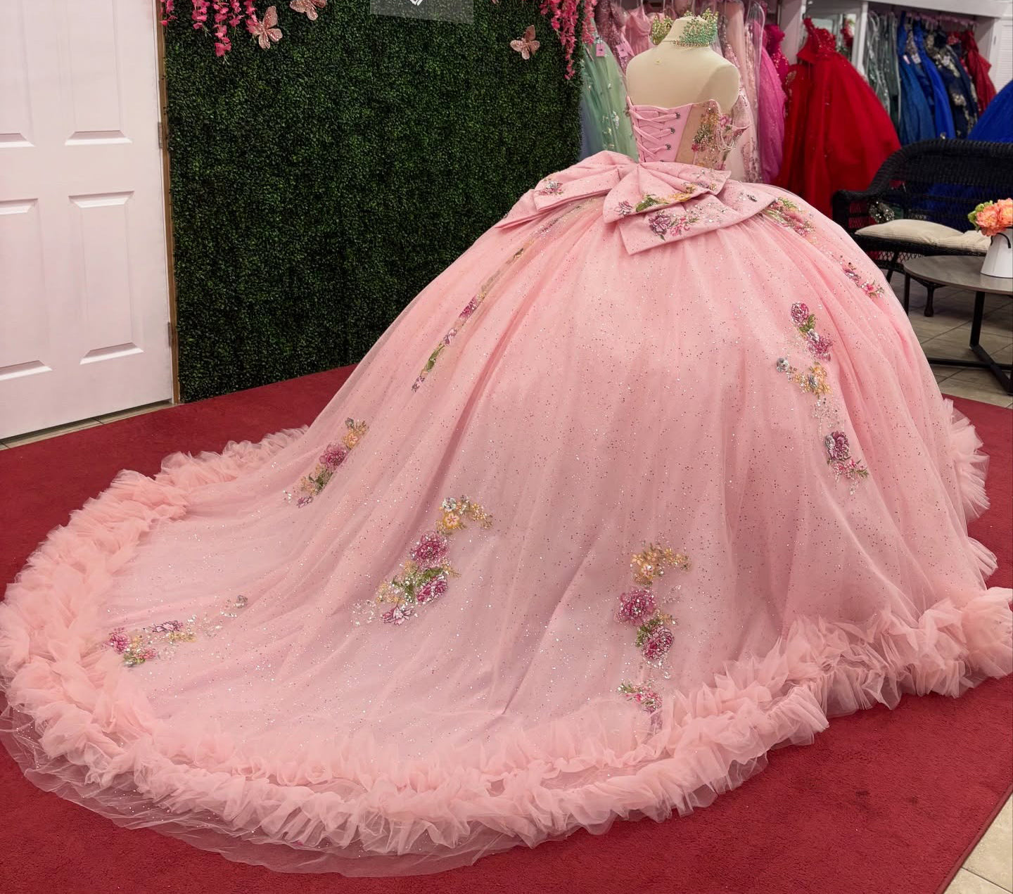Off Shoulder Glittery Tulle Lace Beaded Pink Quinceanera Dresses for Sweet 16 HE947