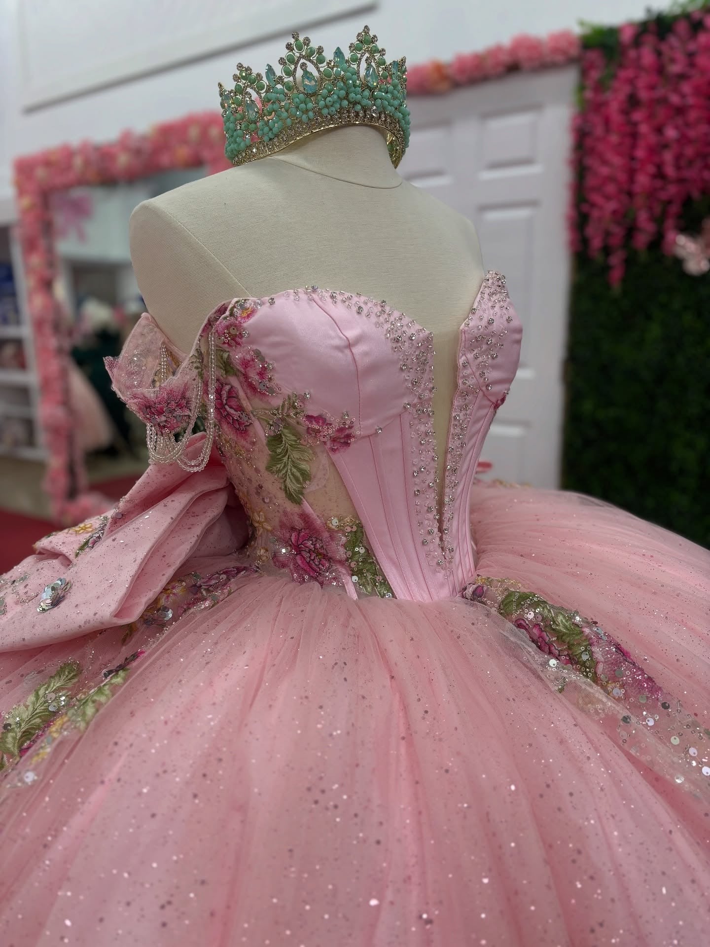 Off Shoulder Glittery Tulle Lace Beaded Pink Quinceanera Dresses for Sweet 16 HE947