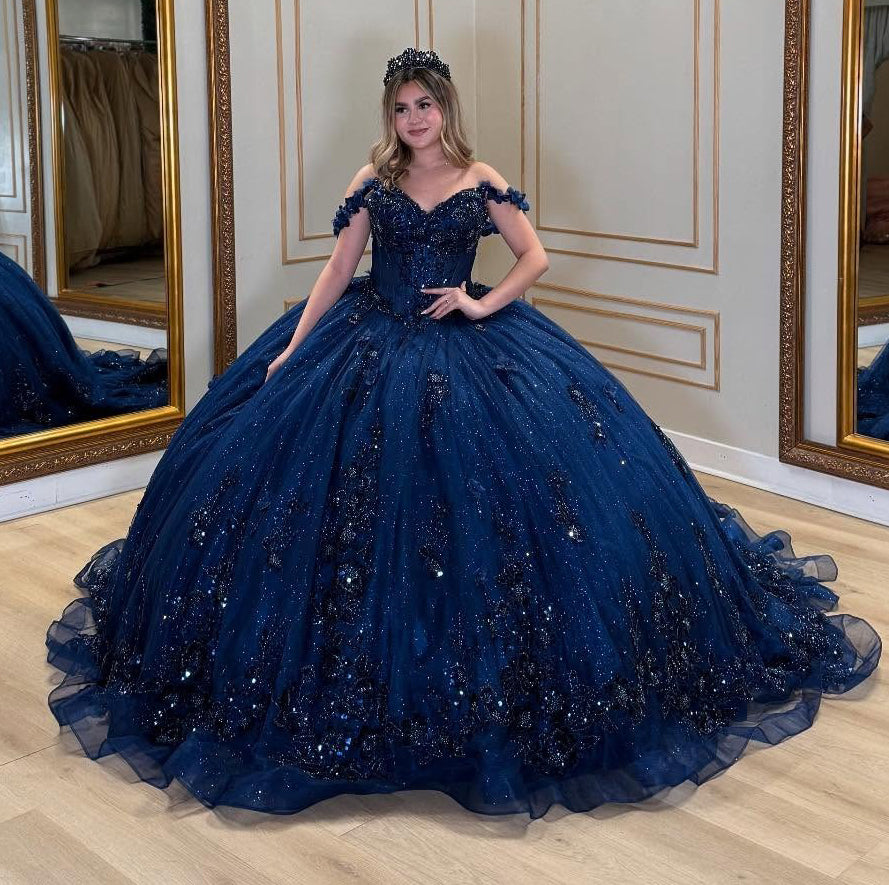 Luxury Glittery Tulle 3d Flowers Princess Navy Quinceanera Dresses for Sweet 15 HE906