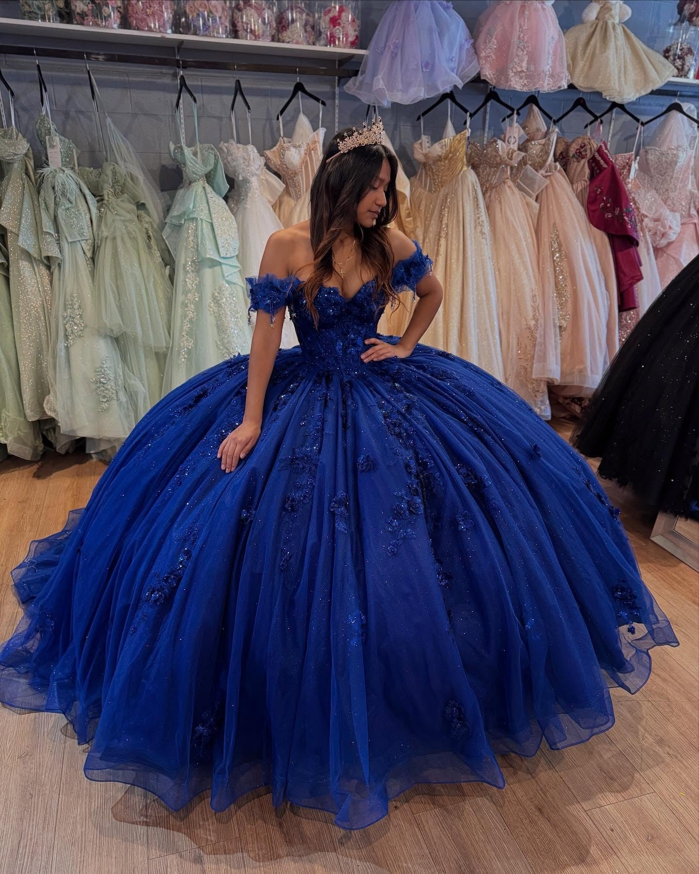 Royal Blue Tulle 3D Flowers Off Shoulder Quinceanera Dresses for Sweet 16 Party HE896