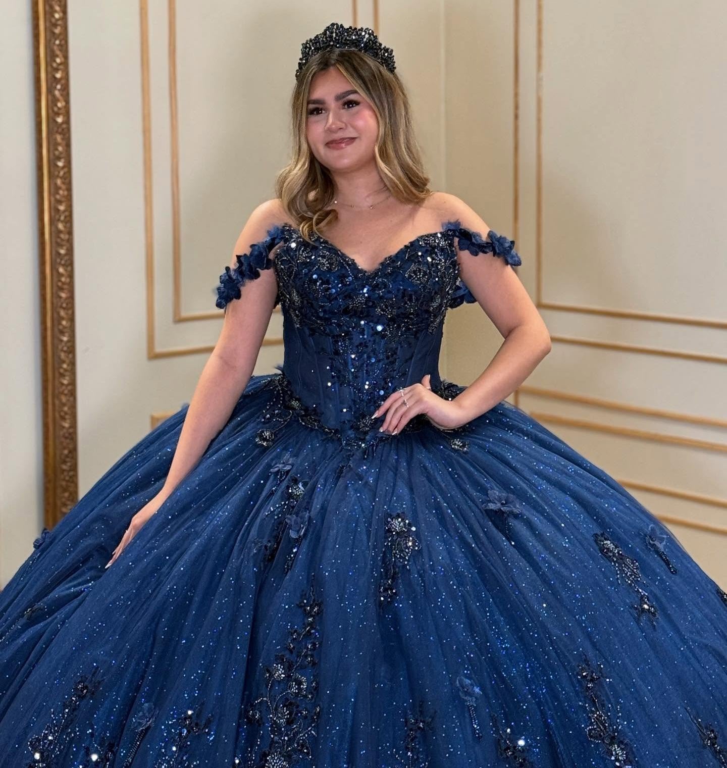 Luxury Glittery Tulle 3d Flowers Princess Navy Quinceanera Dresses for Sweet 15 HE906