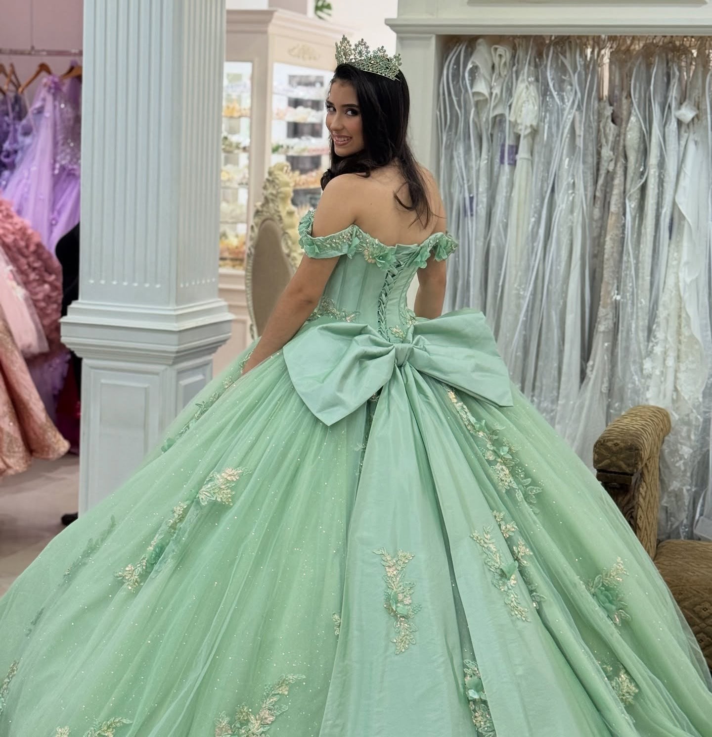 Glittery Tulle Appliqued Beaded Green Sweet 15 Quinceanera Dresses with Big Bow HE1009