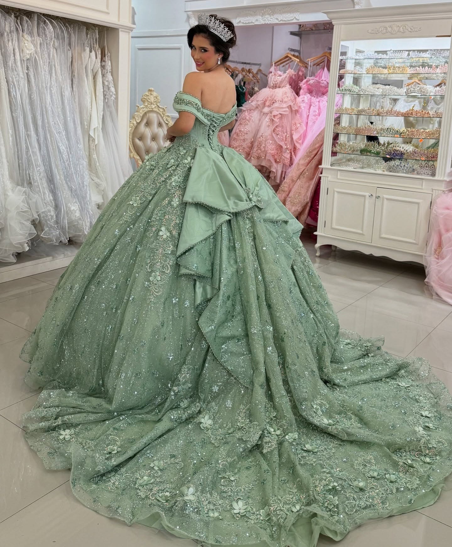 Glittery Tulle Crystal Beaded Princess Sage Quinceanera Dresses for Sweet 15 16 HE974