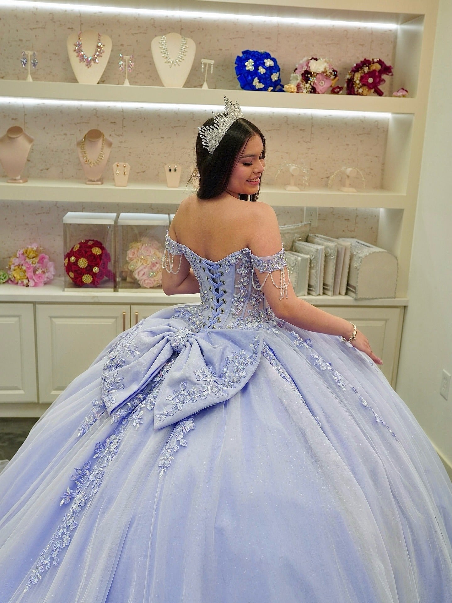 Princess Tulle Lace Appliqued Off Shoulder Lilac Quinceanera Dresses HE902