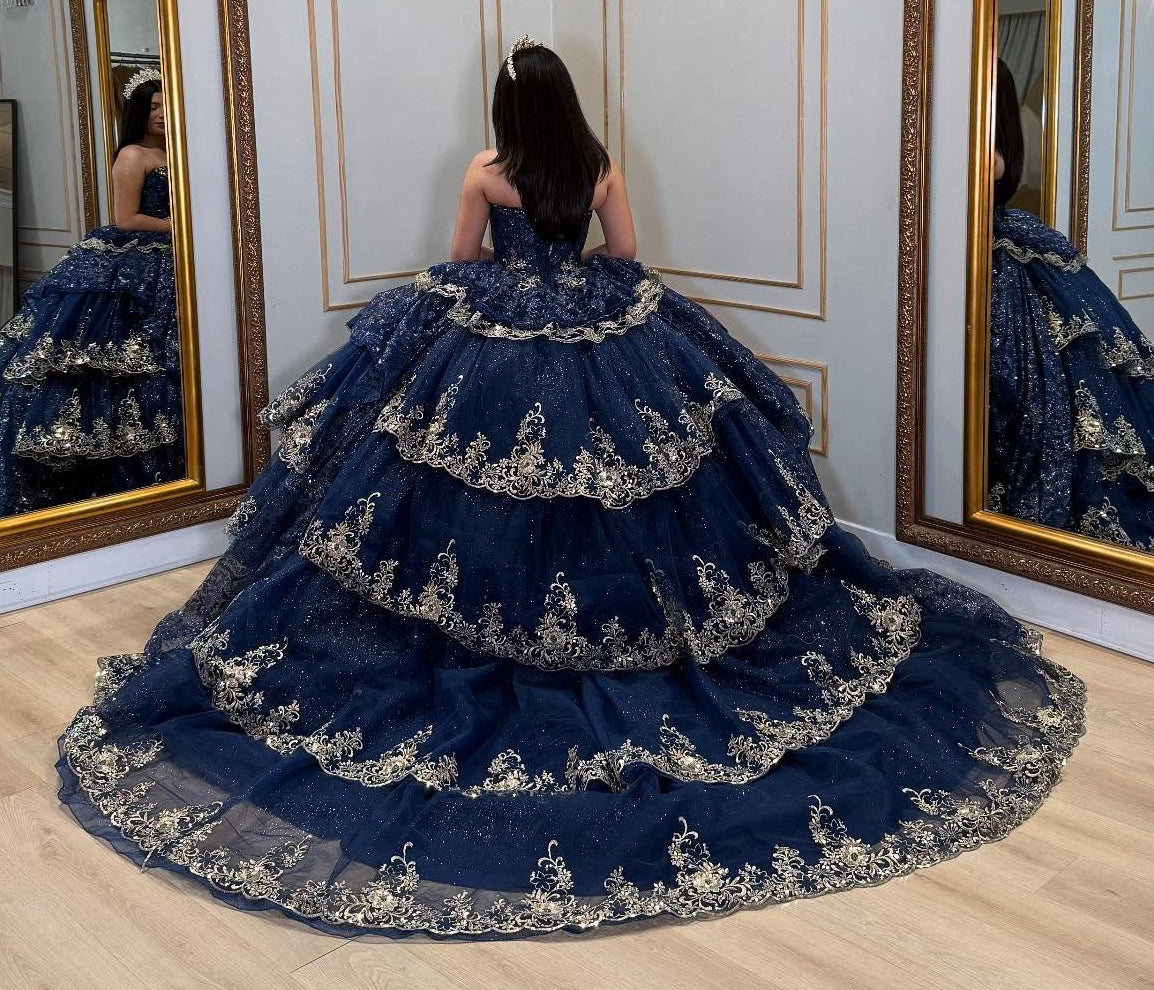 Luxury Glittery Lace Beaded Tulle Sweetheart Quinceanera Dresses with Ruffles HE901