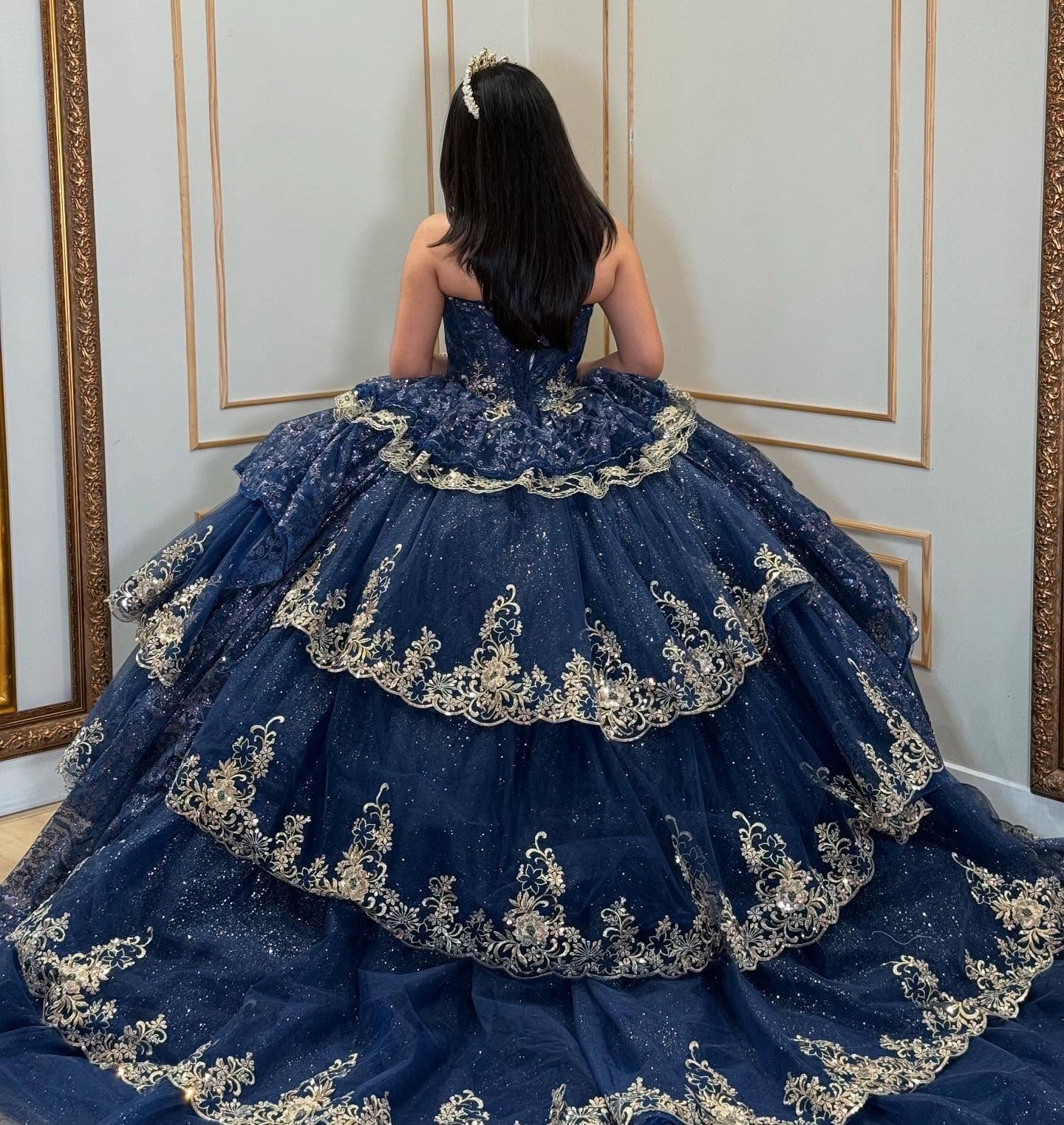 Luxury Glittery Lace Beaded Tulle Sweetheart Quinceanera Dresses with Ruffles HE901
