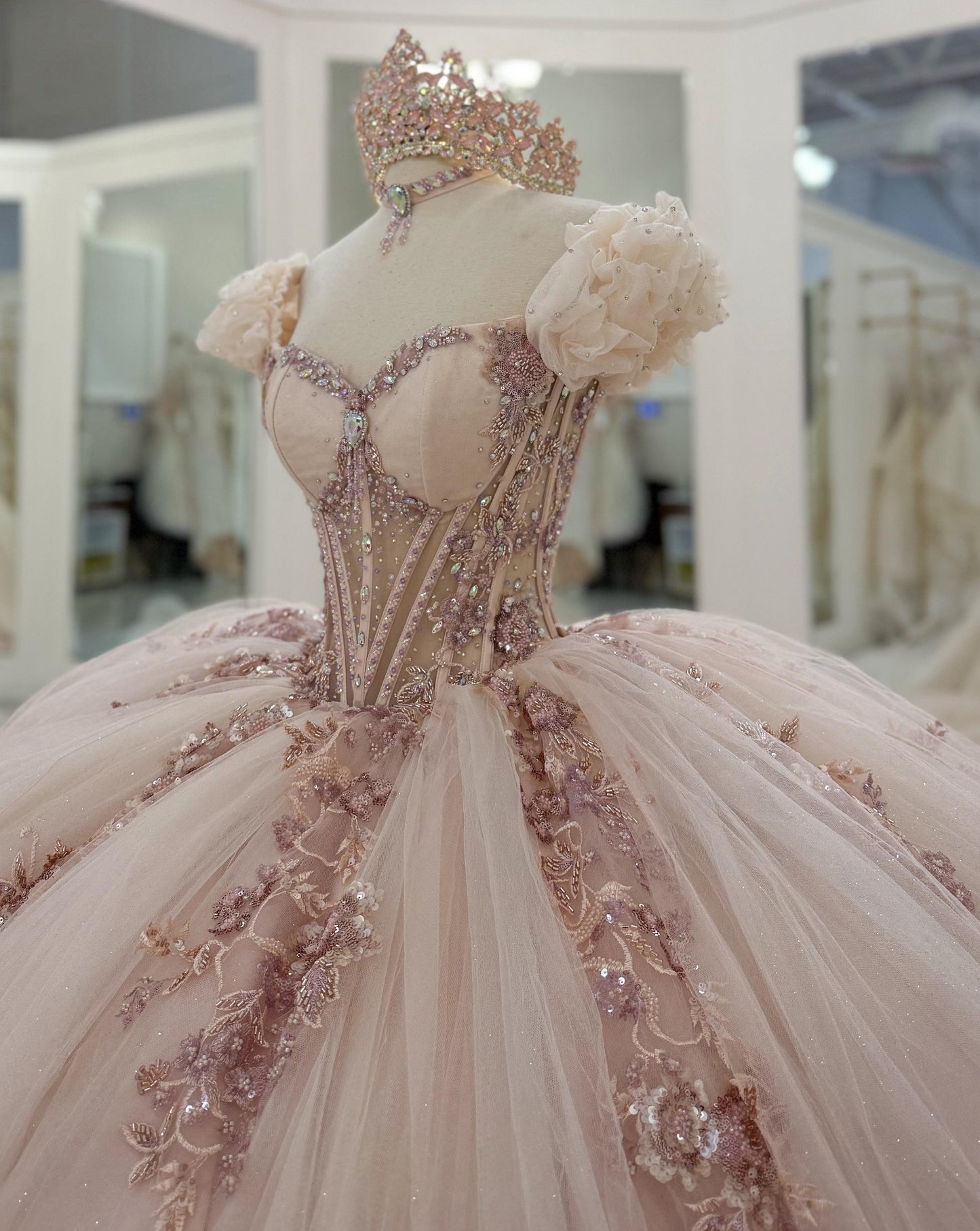Off Shoulder Pink Tulle Appliqued Beaded Sweet 16 Quinceanera Dresses for Birthday HE929