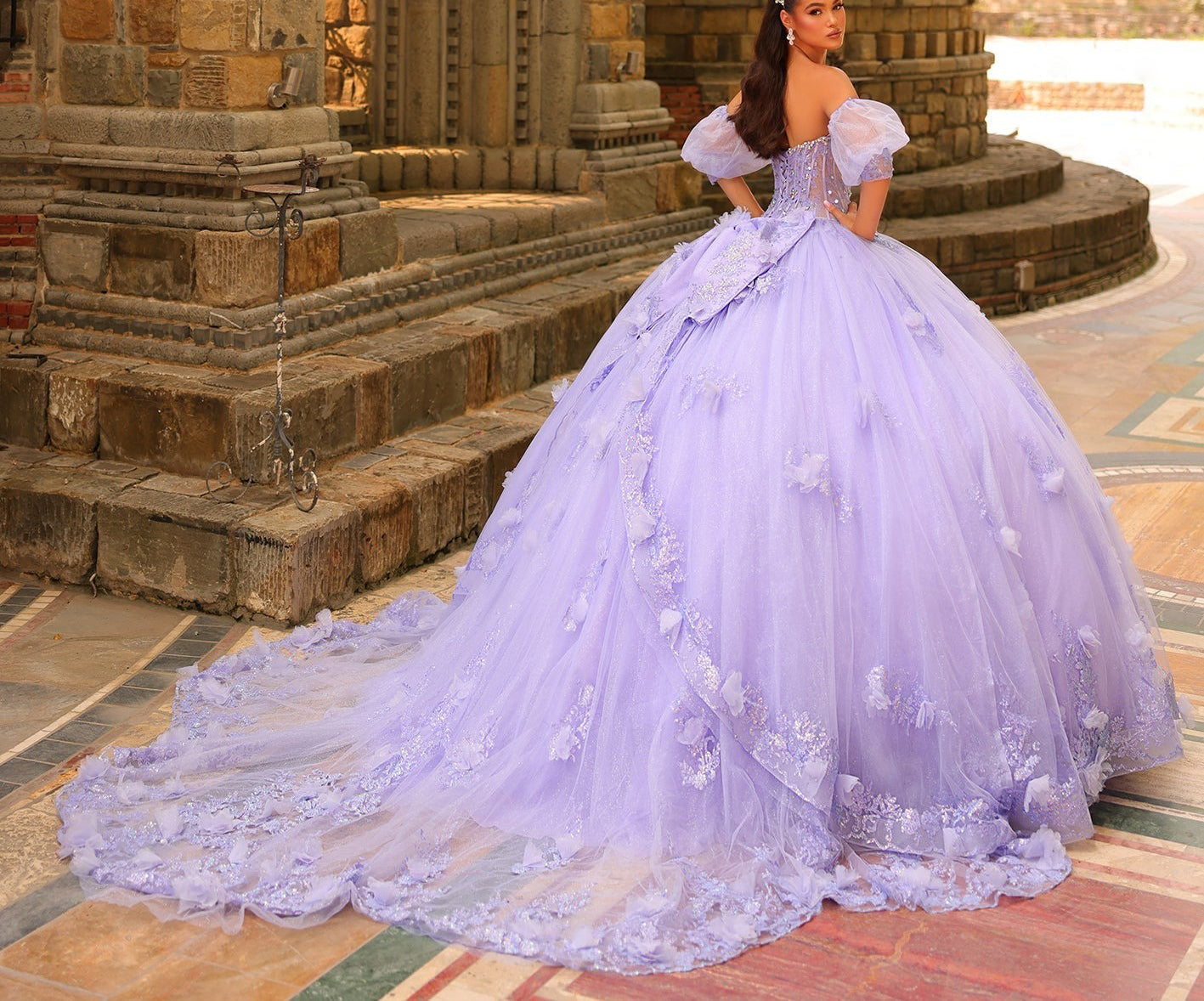 Lilac Ball Gown Tulle 3D Flowers Princess Sweet 16 Quinceanera Dresses HE855