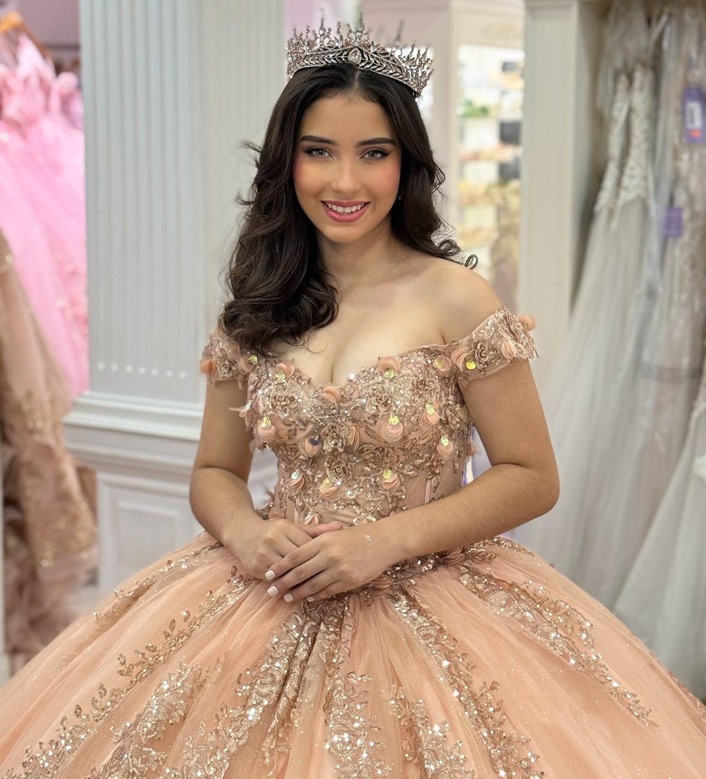 Off Shoulder Champagne Tulle Appliqued Beaded Swweet 15 16 Quinceanera Dresses HE972