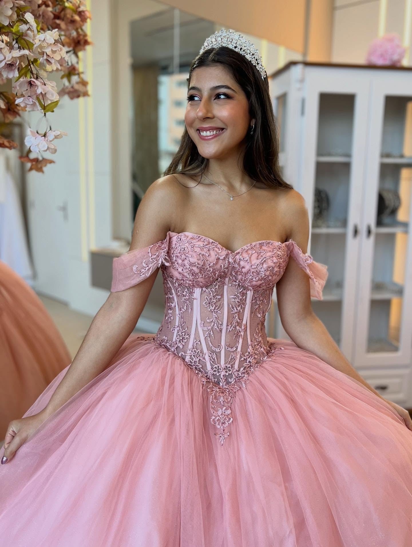 Tulle Lace Appliqued Pink Quinceanera Dresses Corset Sweet 16 Birthday Party Gowns HE962