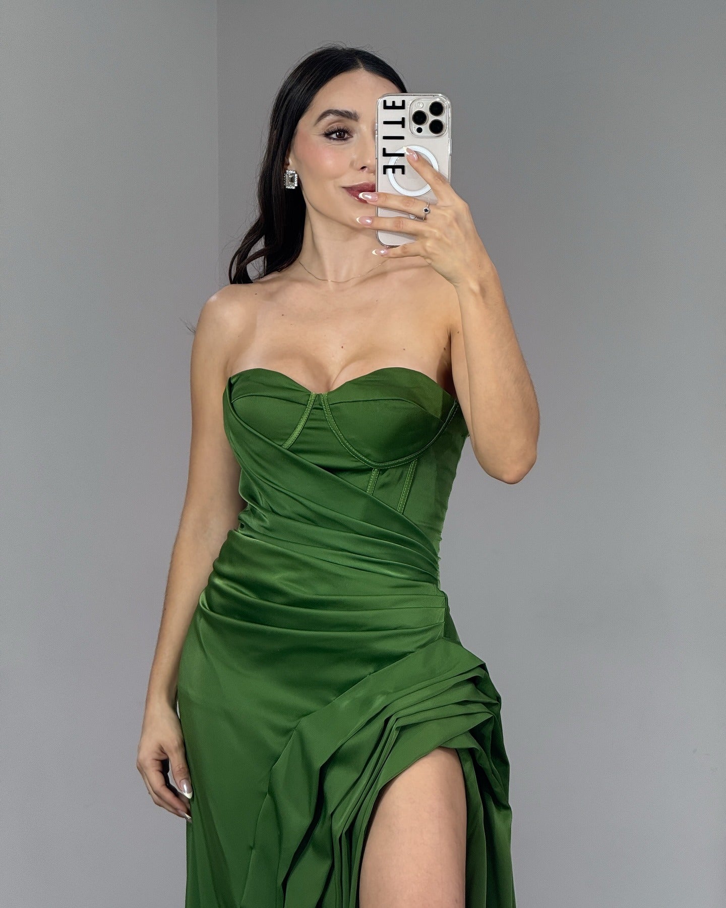 Satin Meerjungfrau Spitze Perlen V-Ausschnitt Schlitz Ballkleider lang für Frauen HE868