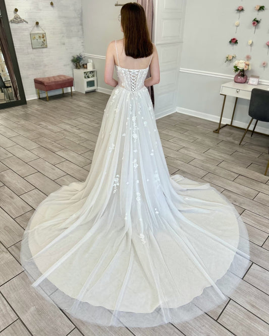 Women's Sweetheart A Line Boho Flowers Wedding Gowns Beach Bride Wedding Dress HE1452