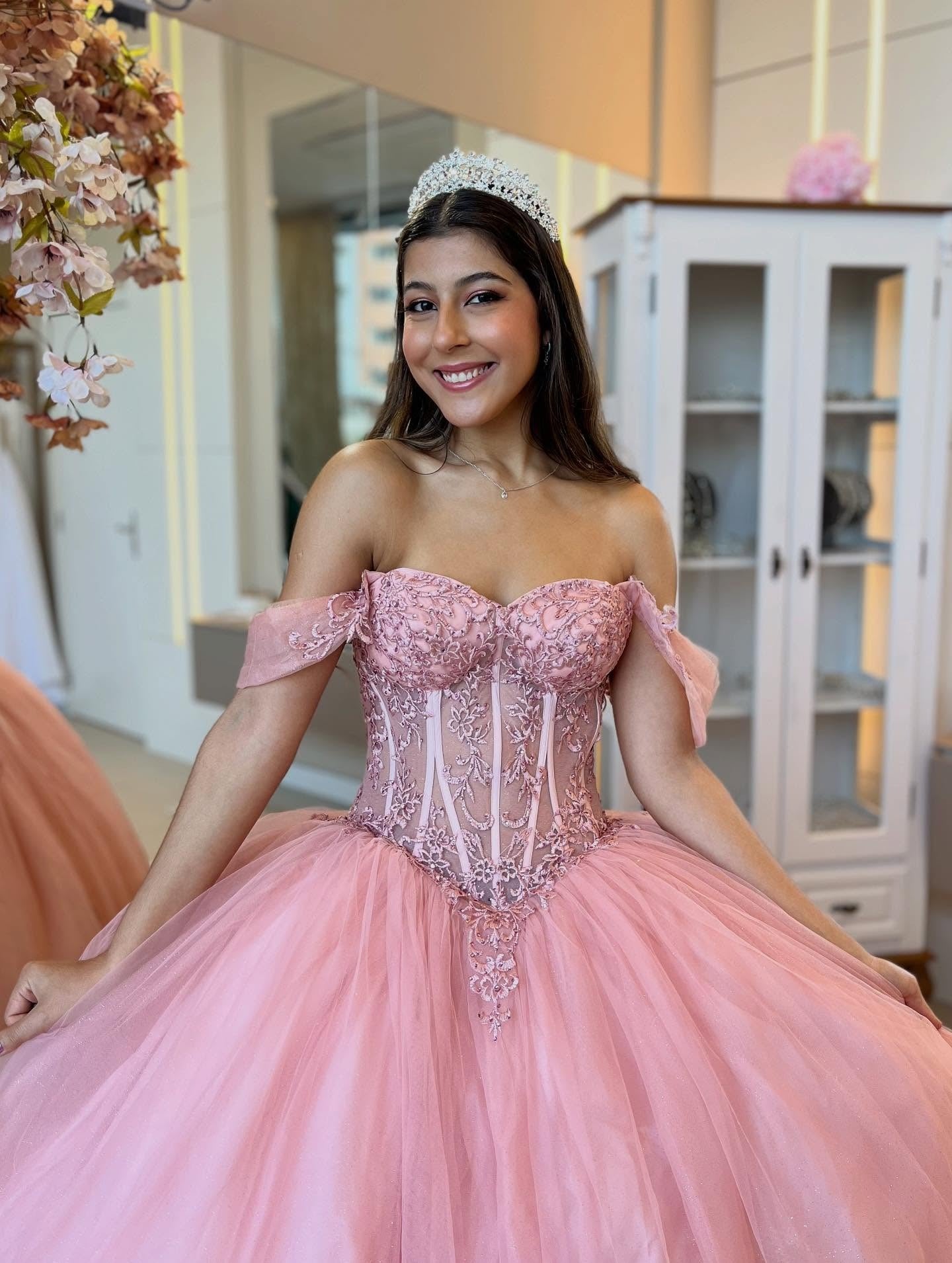 Tulle Lace Appliqued Pink Quinceanera Dresses Corset Sweet 16 Birthday Party Gowns HE962