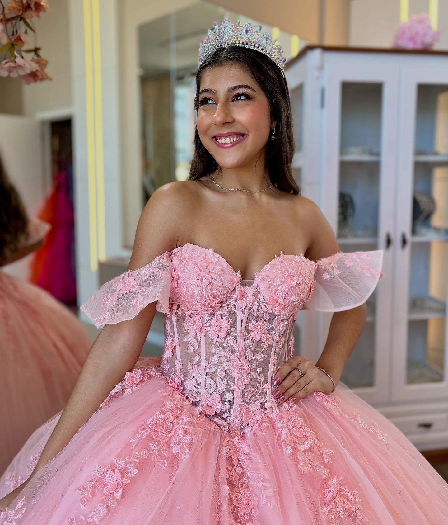 Off Shoulder Tulle Appliqued Corset Pink Quinceanera Dresses for Sweet 16 Birthday HE961