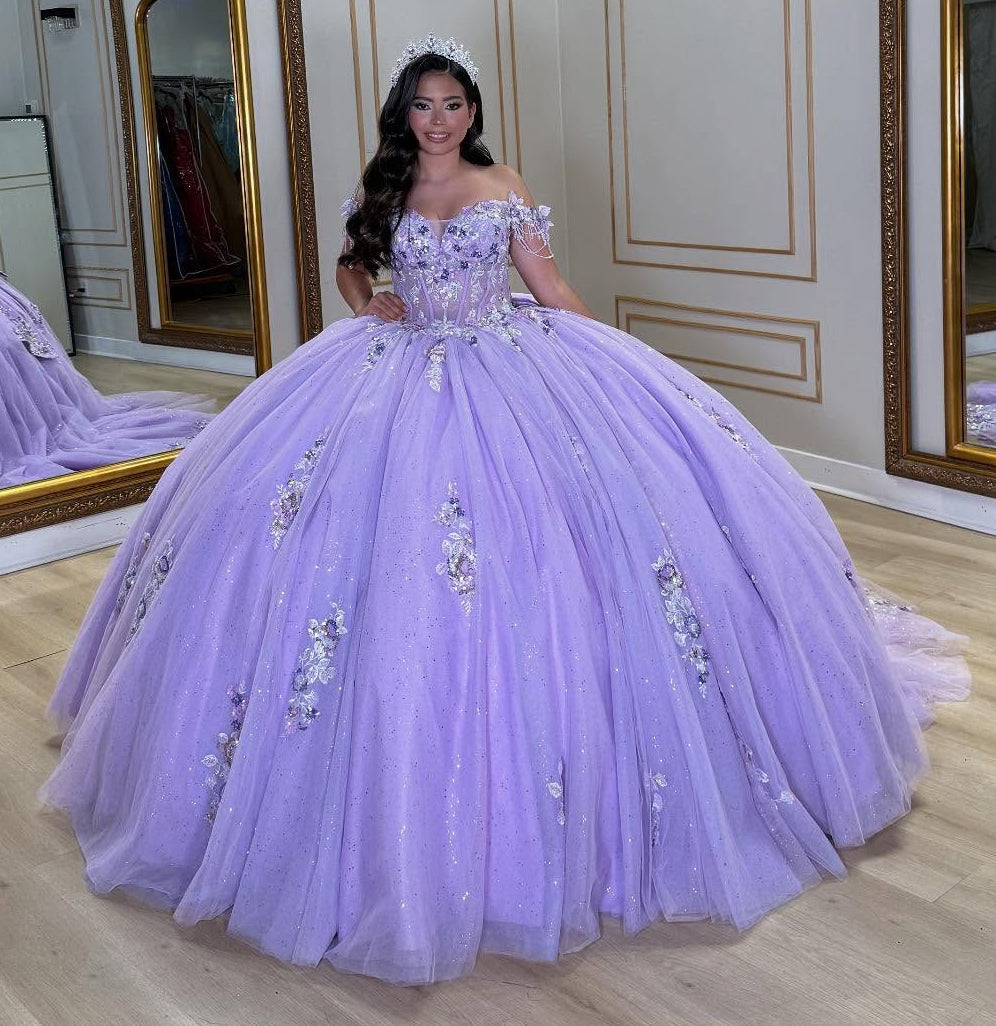 Lilac Glittery Tulle Lace Appliqued Off Shoulder Quinceanera Dresses for Birthday Party HE964