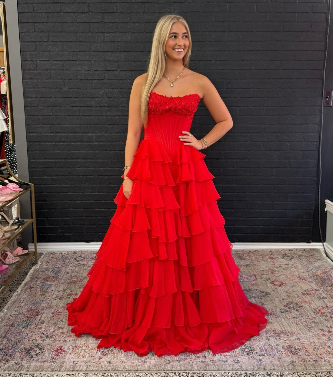 Women's A Line Chiffon Sweetheart Corset Prom Dresses Long with Ruffles HE1027