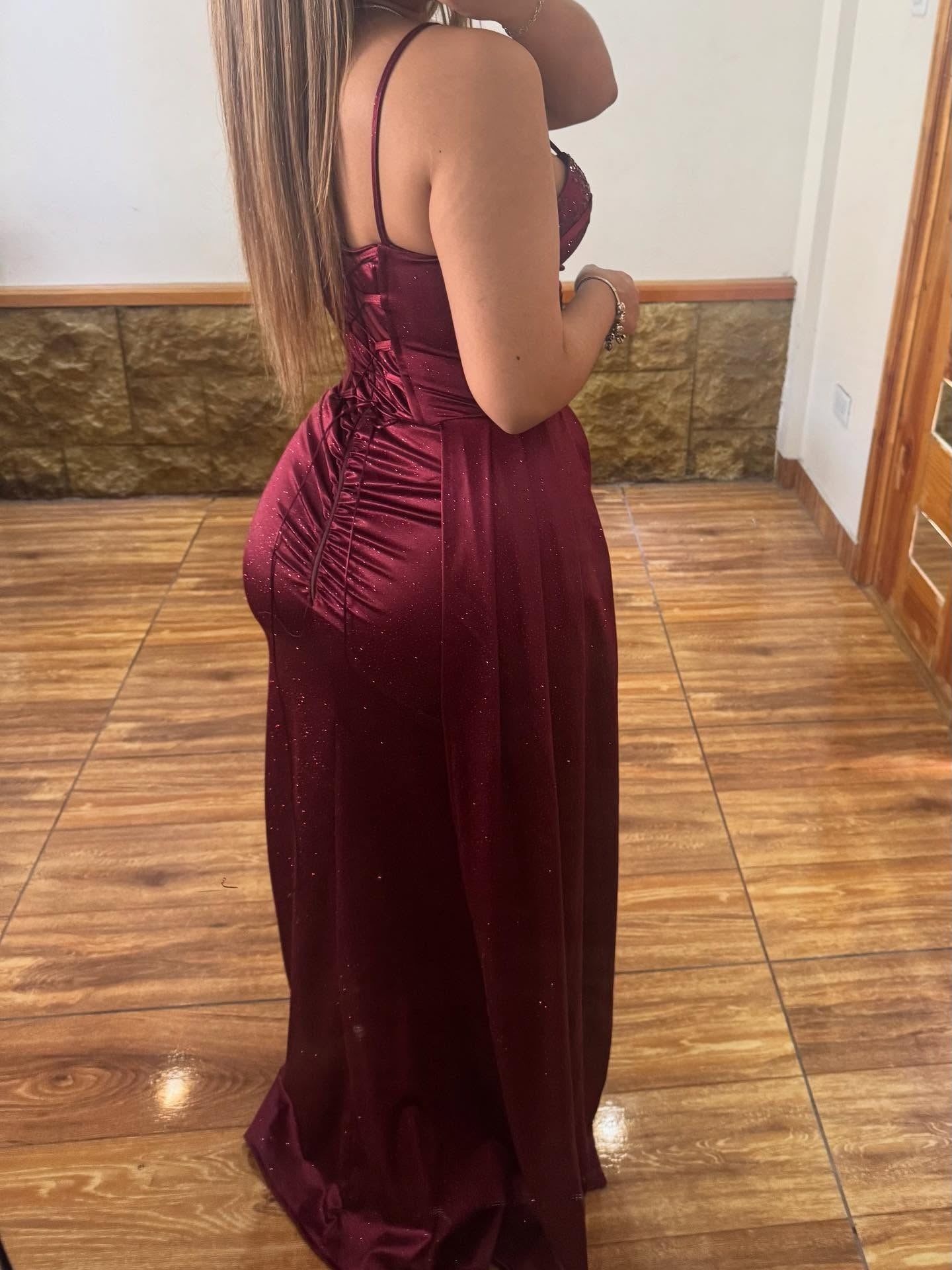 Sweetheart Corset Satin Beaded Prom Dresses Long Strapless Evening Gowns with Split HE1096