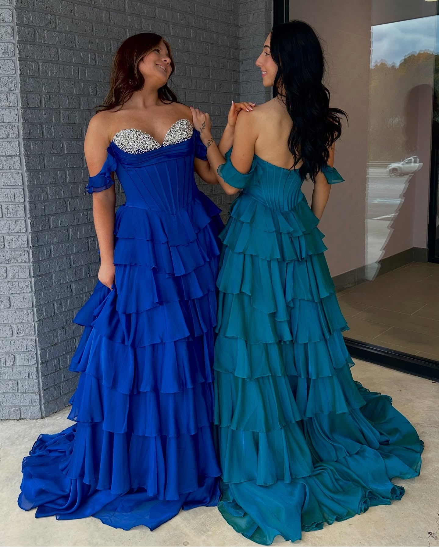 Off Shoulder A Line Chiffon Ruffled Long Prom Dresses Corset Beaded Party Gowns for Women HE1028
